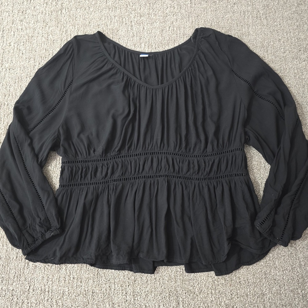 Old Navy Boho Peasant Blouse XXL Black Long Sleeve Ladder Trim Top